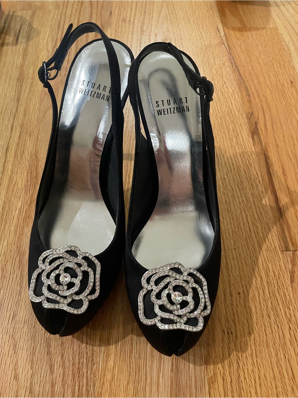 Stuart Weitzman Black Slingback Heels with Crystal Floral Accent